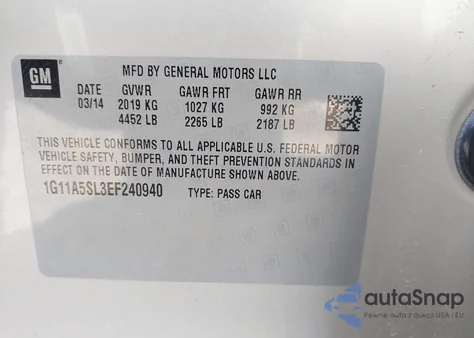 2014 Chevrolet Malibu 1Fl из США, поврежденный, VIN 1G11A5SL3EF240940